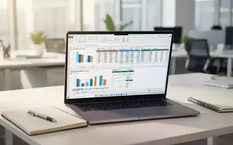Moderner Büroarbeitsplatz mit einem Laptop, auf dem komplexe Microsoft Excel-Datenanalysen und Diagramme zu sehen sind. - Foto: über boerse-global.de