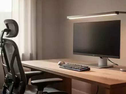 Moderner, ergonomisch gestalteter Büroarbeitsplatz mit hochwertigem Bürostuhl, Monitor und Schreibtischzubehör. - Foto: über boerse-global.de