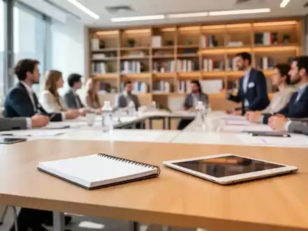 Ein heller, moderner Seminarraum mit einem Tisch, Notizbuch und Tablet, der eine inspirierende Lernumgebung darstellt. - Foto: über boerse-global.de