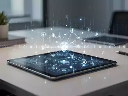 Modernes Büro mit einem Tablet, das abstrakte Datenvisualisierungen und Sicherheitssymbole anzeigt. - Foto: über boerse-global.de