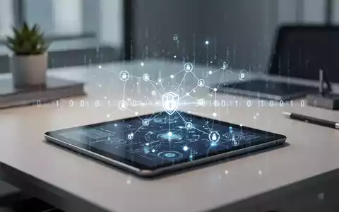Modernes Büro mit einem Tablet, das abstrakte Datenvisualisierungen und Sicherheitssymbole anzeigt. - Foto: über boerse-global.de