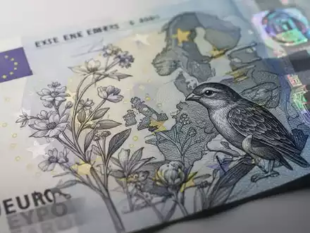 Nahaufnahme eines modernen Euro-Banknotendesigns mit filigranen Gravuren von Vögeln und Naturmotiven. - Foto: über boerse-global.de