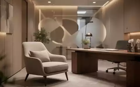 Ein minimalistisches, modern eingerichtetes Psychotherapie-Büro mit weicher Beleuchtung und einem Therapiesessel. - Foto: über boerse-global.de