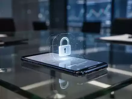 Modernes Smartphone auf einem Schreibtisch mit digitalem Schlosssymbol auf dem Bildschirm, das Fernzugriffsbeschränkungstechnologie darstellt. - Foto: über boerse-global.de