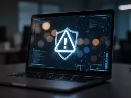 Ein verschwommenes Sicherheitssymbol auf einem Laptop-Bildschirm in einem dunklen, professionellen Büro. - Foto: über boerse-global.de