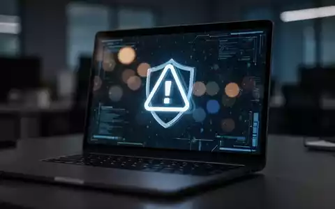Ein verschwommenes Sicherheitssymbol auf einem Laptop-Bildschirm in einem dunklen, professionellen Büro. - Foto: über boerse-global.de