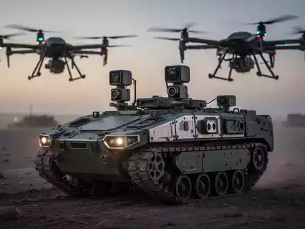 Ein autonomes Bodenfahrzeug (UGV) auf einem taktischen Gelände, während im Hintergrund eine schwere Drohne schwebt. - Foto: über boerse-global.de