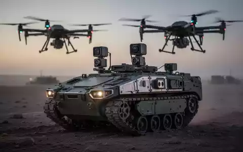 Ein autonomes Bodenfahrzeug (UGV) auf einem taktischen Gelände, während im Hintergrund eine schwere Drohne schwebt. - Foto: über boerse-global.de