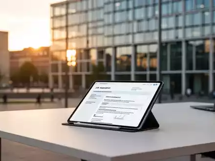 Ein moderner Schreibtisch mit einem Tablet vor einem verschwommenen Hamburger Verwaltungsgebäude. - Foto: über boerse-global.de
