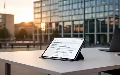 Ein moderner Schreibtisch mit einem Tablet vor einem verschwommenen Hamburger Verwaltungsgebäude. - Foto: über boerse-global.de