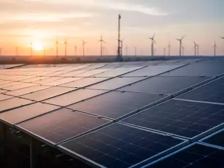 Moderne Photovoltaik-Anlage bei Sonnenuntergang mit Windkraftanlagen im Hintergrund. - Foto: über boerse-global.de