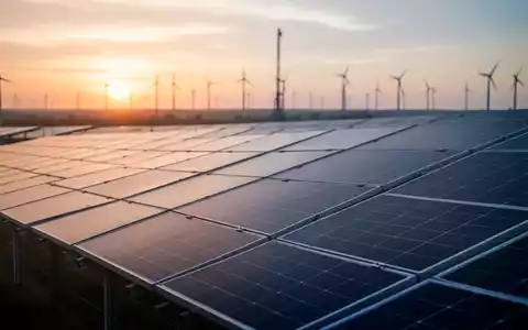 Moderne Photovoltaik-Anlage bei Sonnenuntergang mit Windkraftanlagen im Hintergrund. - Foto: über boerse-global.de