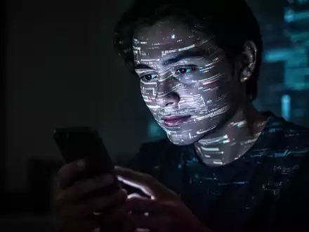 Eine Person blickt in einem abgedunkelten Raum auf ein Smartphone, dessen Licht ihr Gesicht in einem verzerrten digitalen Muster beleuchtet. - Foto: über boerse-global.de
