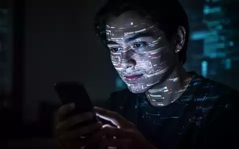 Eine Person blickt in einem abgedunkelten Raum auf ein Smartphone, dessen Licht ihr Gesicht in einem verzerrten digitalen Muster beleuchtet. - Foto: über boerse-global.de