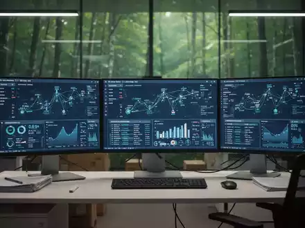 Moderne Büroarbeitsplätze mit digitalen Lieferketten-Analysen und einem unscharfen Wald im Hintergrund. - Foto: über boerse-global.de
