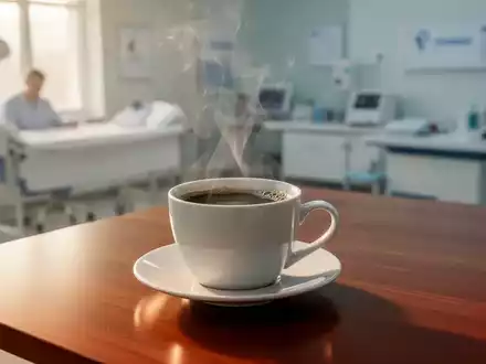 Eine dampfende Tasse Kaffee auf einem Holztisch in einer hellen, professionellen Umgebung. - Foto: über boerse-global.de