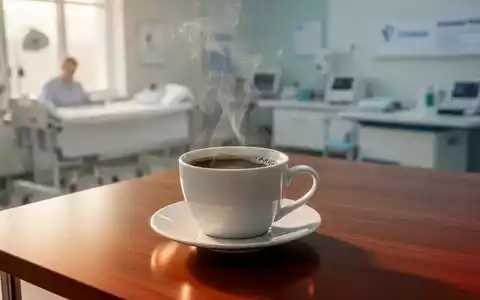 Eine dampfende Tasse Kaffee auf einem Holztisch in einer hellen, professionellen Umgebung. - Foto: über boerse-global.de