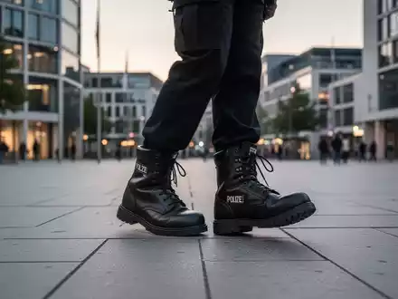 Nahaufnahme von Stiefeln einer Polizeistreife auf einem belebten städtischen Platz bei Dämmerung. - Foto: über boerse-global.de