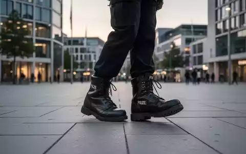 Nahaufnahme von Stiefeln einer Polizeistreife auf einem belebten städtischen Platz bei Dämmerung. - Foto: über boerse-global.de