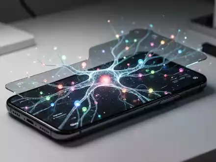 Modernes Smartphone mit einer abstrakten, flieĂenden BenutzeroberflĂ€che einer KI-Plattform auf einem Schreibtisch. - Foto: ĂŒber boerse-global.de