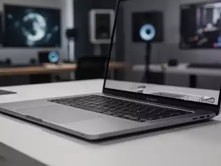 Nahaufnahme eines eleganten MacBook Pro auf einem minimalistischen Schreibtisch, das professionelles Design und leistungsstarke Hardware hervorhebt. - Foto: über boerse-global.de