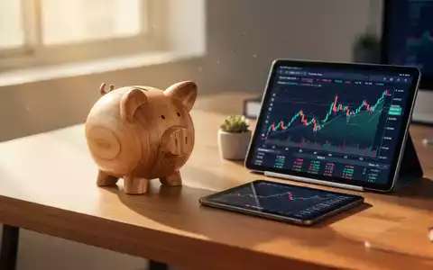 Ein Sparschwein auf einem Schreibtisch neben einem Tablet mit Finanzdiagrammen zur Veranschaulichung der Vorsorge für Kinder. - Foto: über boerse-global.de