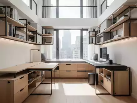 Modernes Mikroapartment mit multifunktionalen Möbeln und vertikalen Regalsystemen zur optimalen Raumausnutzung. - Foto: über boerse-global.de