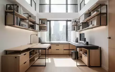 Modernes Mikroapartment mit multifunktionalen Möbeln und vertikalen Regalsystemen zur optimalen Raumausnutzung. - Foto: über boerse-global.de
