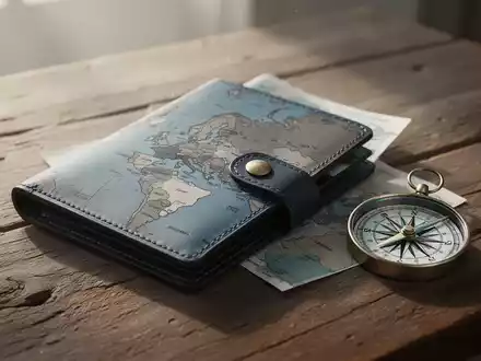 Ein Reiseportemonnaie mit einer Europakarte und einem Kompass auf einem Holztisch, symbolisch für kosteneffizientes Reisen. - Foto: über boerse-global.de