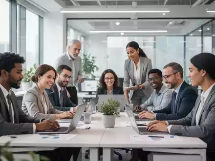Ein modernes, helles Büro, in dem diverse Mitarbeiter gemeinsam an einem Tisch arbeiten, symbolisiert berufliche Inklusion. - Foto: über boerse-global.de