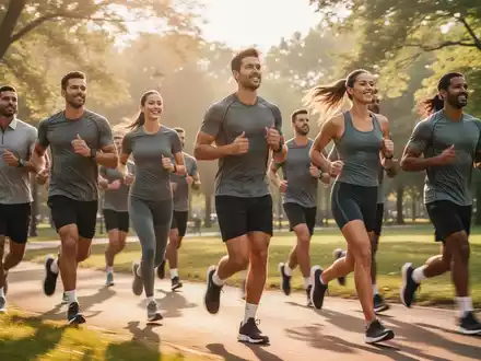 Eine Gruppe von Mitarbeitern in Sportkleidung läuft gemeinsam in einem Park, um Teambuilding und Fitness zu fördern. - Foto: über boerse-global.de