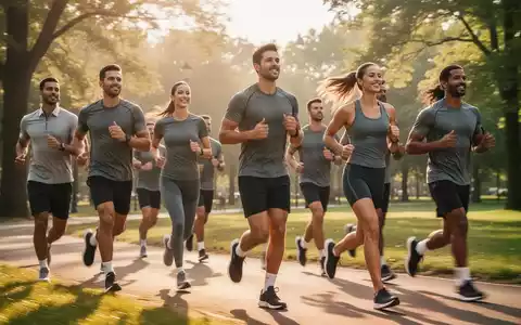 Eine Gruppe von Mitarbeitern in Sportkleidung läuft gemeinsam in einem Park, um Teambuilding und Fitness zu fördern. - Foto: über boerse-global.de