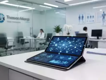 Digitales Tablet mit Gesundheitsnetzwerkdaten in einem professionellen, modernen Arztpraxis-Umfeld. - Foto: über boerse-global.de