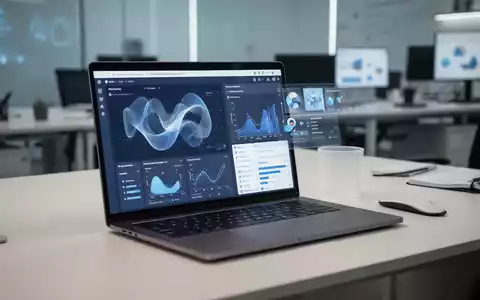 Moderner Büroarbeitsplatz mit Laptop, der Datenvisualisierungen und professionelle Produktivitätssoftware zeigt. - Foto: über boerse-global.de
