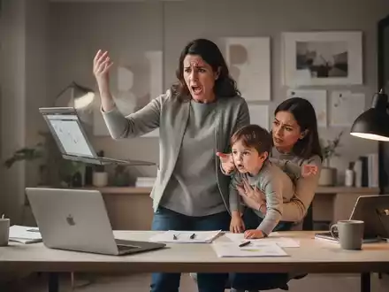 Ein gestresster Elternteil versucht Arbeit am Laptop mit Kinderbetreuung zu Hause zu vereinbaren. - Foto: über boerse-global.de