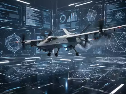 High-tech militärische Drohne vor einem digitalen Interface mit Datenströmen als Symbol für den Rüstungsauftrag. - Foto: über boerse-global.de