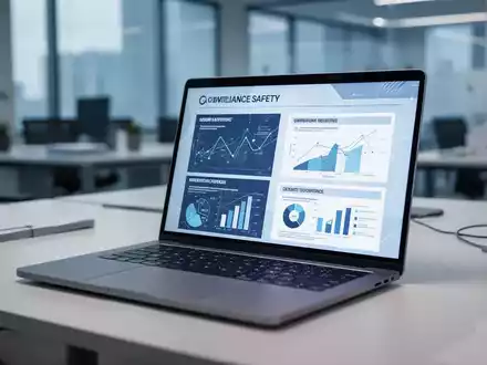 Moderner Büroarbeitsplatz mit einem Laptop, auf dem digitale Unterweisungsdokumente für den Arbeitsschutz zu sehen sind. - Foto: über boerse-global.de