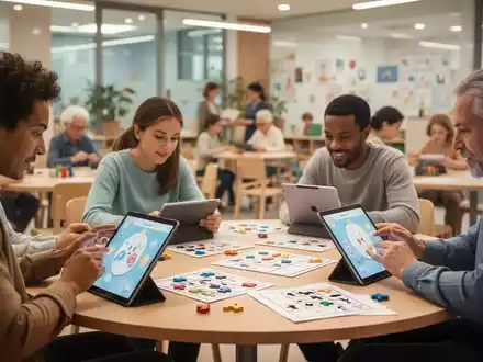 Menschen verschiedenen Alters bei kognitiven Übungen und digitalem Training in einem modernen Gemeindezentrum. - Foto: über boerse-global.de