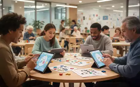 Menschen verschiedenen Alters bei kognitiven Übungen und digitalem Training in einem modernen Gemeindezentrum. - Foto: über boerse-global.de