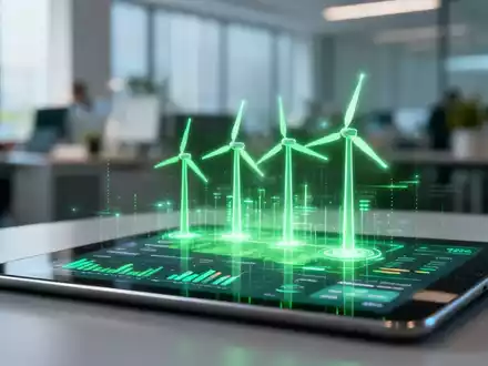 Digitales Marketing-Dashboard mit Datenvisualisierungen zu Windenergie auf einem Tablet. - Foto: über boerse-global.de