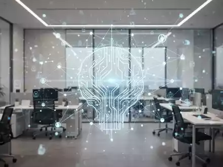 Ein modernes Büro mit digitalem KI-Netzwerk-Overlay, das Transparenz und technologische Regulierung symbolisiert. - Foto: über boerse-global.de