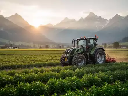 Landschaftsaufnahme einer Schweizer Agrarfläche mit Traktor vor einer Bergkulisse bei Sonnenaufgang. - Foto: über boerse-global.de