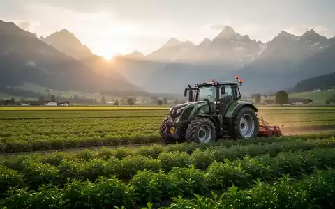 Landschaftsaufnahme einer Schweizer Agrarfläche mit Traktor vor einer Bergkulisse bei Sonnenaufgang. - Foto: über boerse-global.de