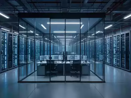 Reihen leuchtender Server-Racks in einem High-Tech-Rechenzentrum, das großflächige KI-Infrastrukturinvestitionen repräsentiert. - Foto: über boerse-global.de