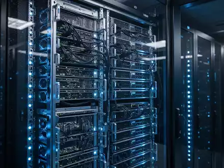 Hochwertiger Server-Rack mit blauen LEDs für KI-Infrastruktur und GPU-Computing. - Foto: über boerse-global.de