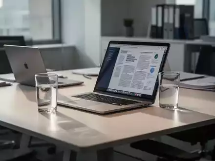 Ein moderner, aufgeräumter Schreibtisch mit einem Laptop und einem Glas Wasser als Symbol für betriebliche Gesundheitsförderung. - Foto: über boerse-global.de