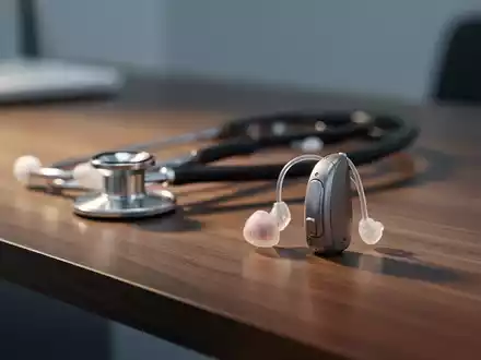 Modernes Hörgerät auf einem Holztisch in einer medizinischen Umgebung, symbolisiert die Hörgesundheitsbranche. - Foto: über boerse-global.de