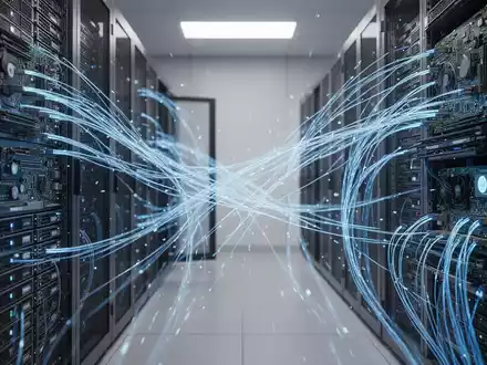 Ein moderner Serverraum mit leuchtenden Glasfaserkabeln und technischer Hardware, der die Welt der KI-Infrastruktur darstellt. - Foto: über boerse-global.de