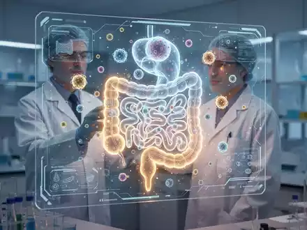 Wissenschaftler bei der Untersuchung einer digitalen Visualisierung des Darmmikrobioms in einem modernen Labor. - Foto: über boerse-global.de
