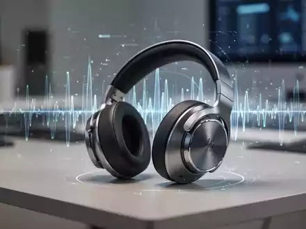 Premium-Kopfhörer auf einem minimalistischen Schreibtisch mit angedeuteter digitaler Equalizer-Visualisierung. - Foto: über boerse-global.de